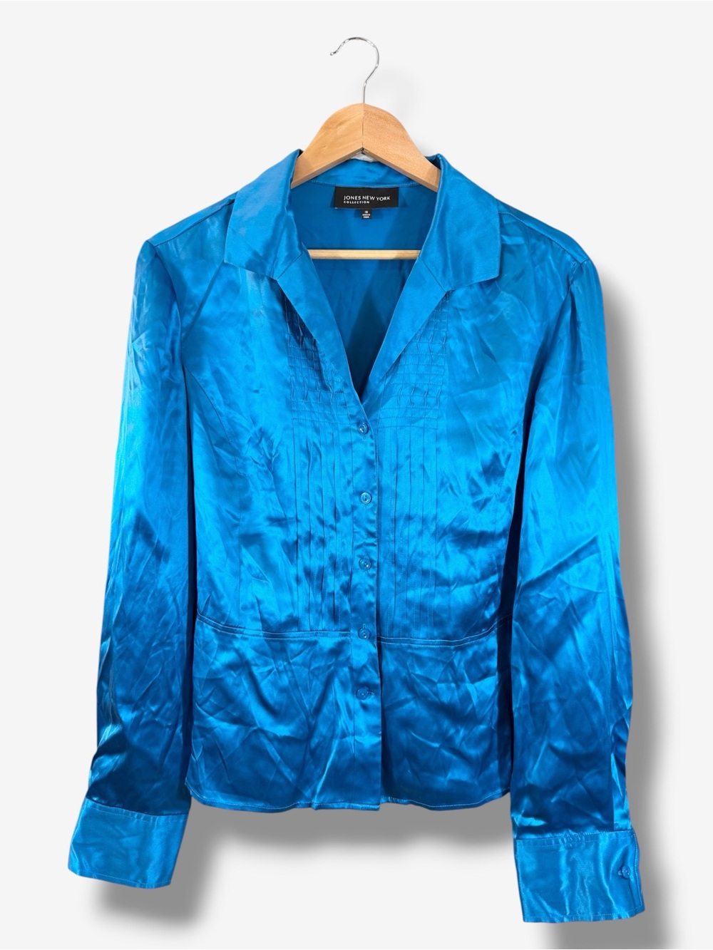 Jones New York Electric Blue Silk Tuxedo Blouse Size 16 Holiday Office Party